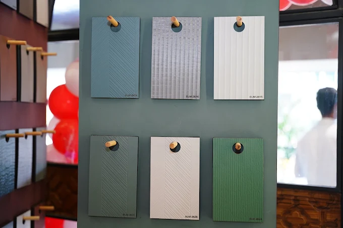 A board of laminate and finish swatches